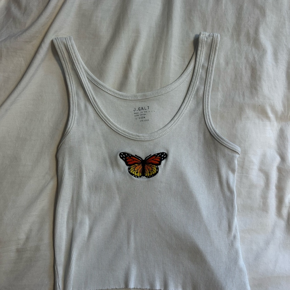 J. Galt Fitted White and Orange Embellished Tank Top